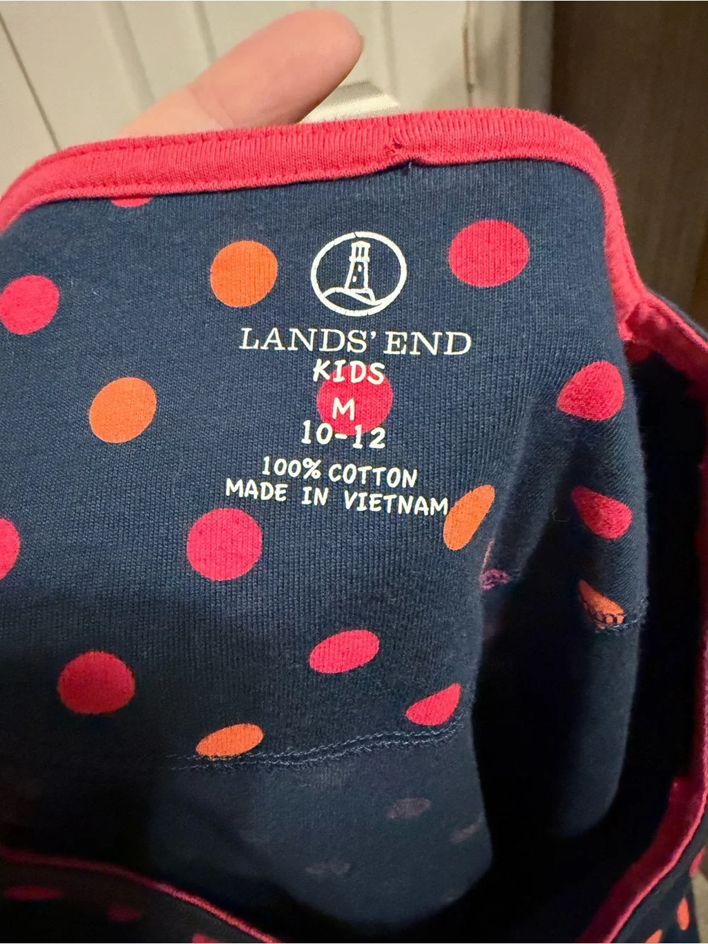 Land’s End Navy Long-Sleeve Dress with Pink and Coral Polka Dots and Pockets